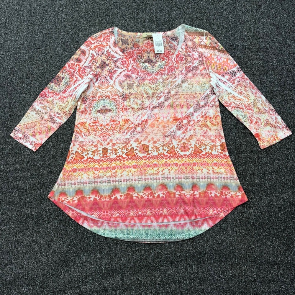 One World 3/4 Sleeve Paisley Embellished Tee Womens L Coral NEW boho chic